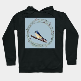 Little bird with wreath and egg blue background Hoodie